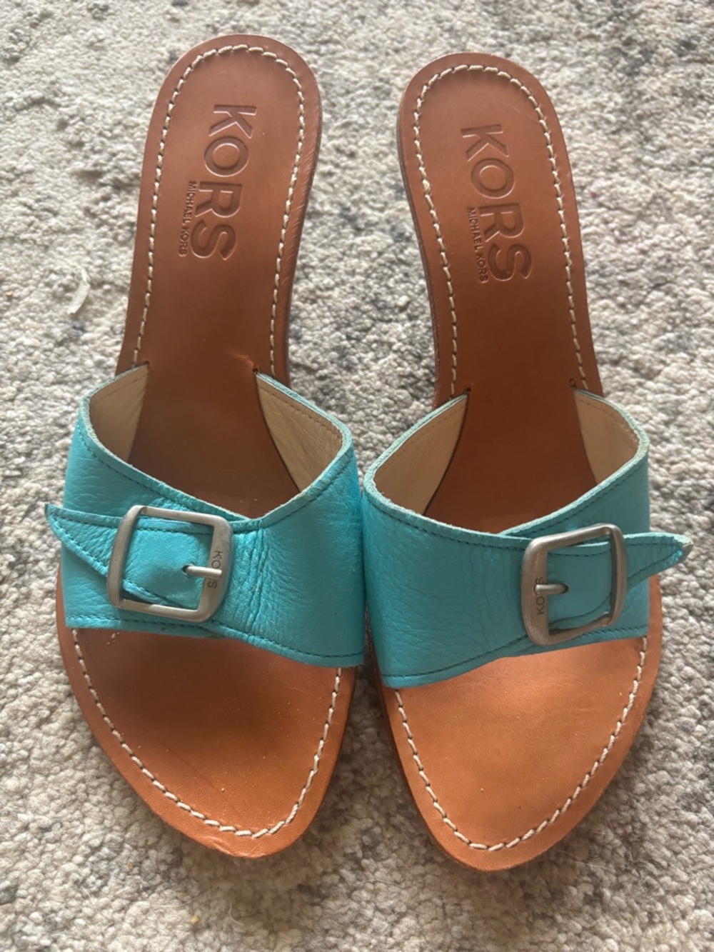 Michael Kors Turquoise Leather Slide Mules with Buckle